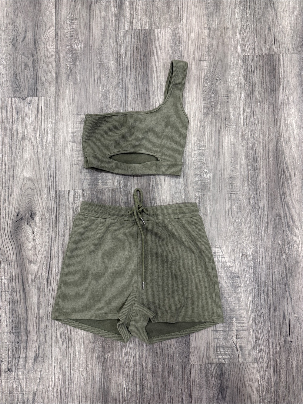 Fashion Nova Olive Green One-Shoulder Waffle Knit Lounge Set